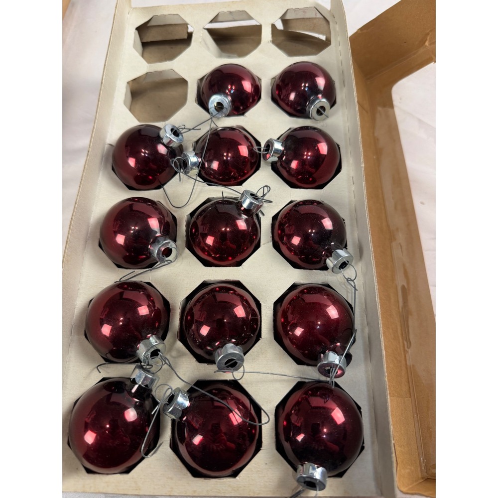 Vintage Pyramid Jumbo Christmas Ornaments Burgundy Red Glass Balls Set of 14 USA